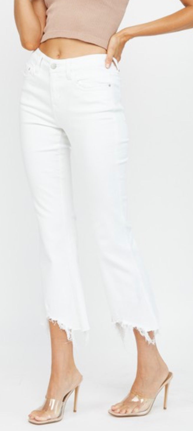 Mica white mid rise crop flare jeans with stretch and fray bottom