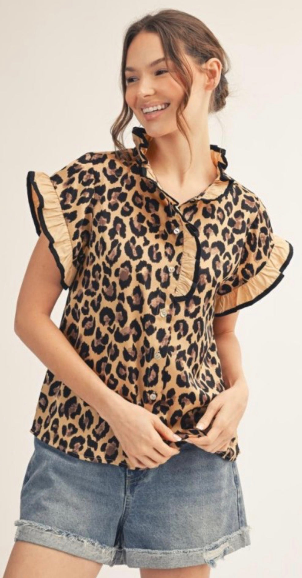 PREORDER NOW, Arriving Friday…Satin leopard top with ruffle detail