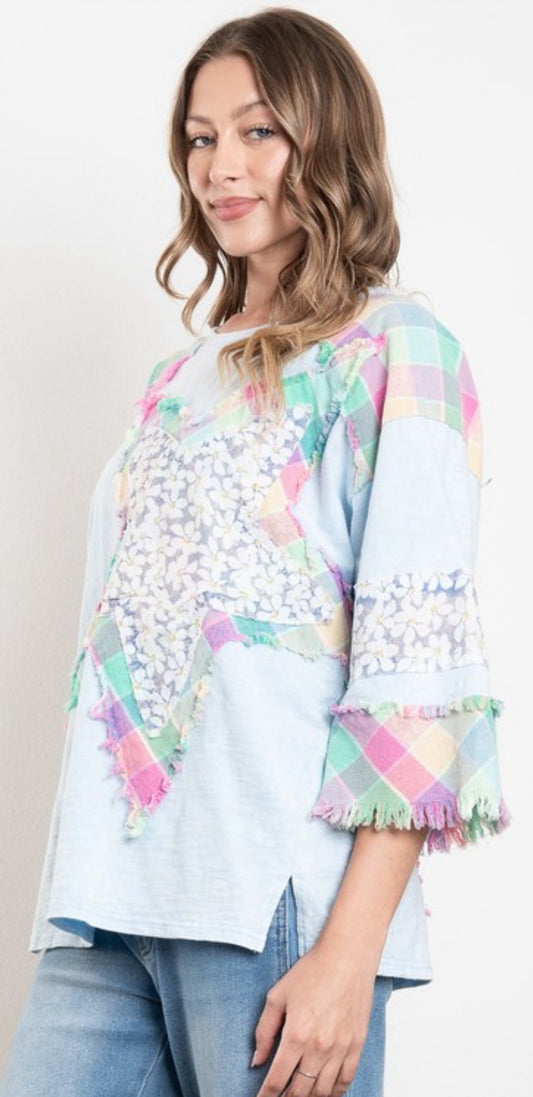 Blue relaxed fit top with plaid and floral star on front and back (available up to XXL)