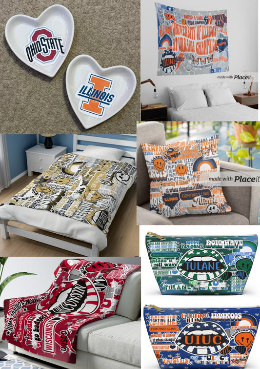 Custom heart trays, blankets, tapestry, pillows and pouches (order for ANY school or camp) GREAT FOR GIFTS!