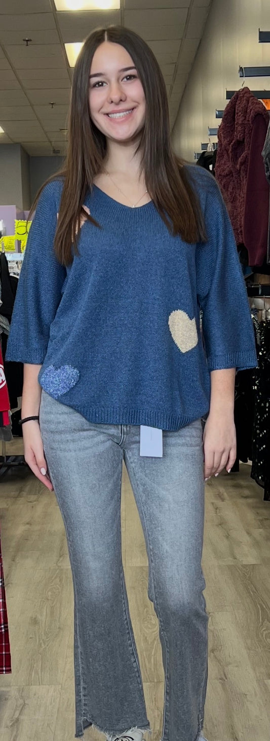 Charlie B navy soft, lightweight dolman sweater with hearts