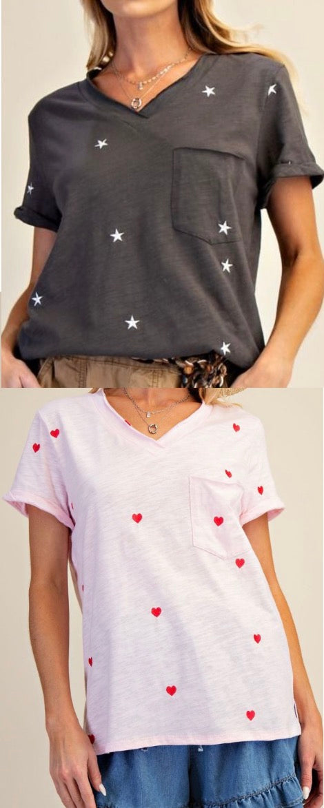 Short sleeve oversized v neck tees with hearts & stars, available up to XXL