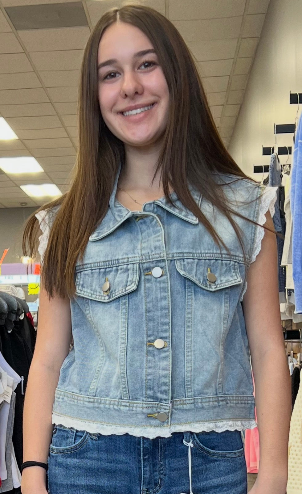 Denim vest with crochet detail