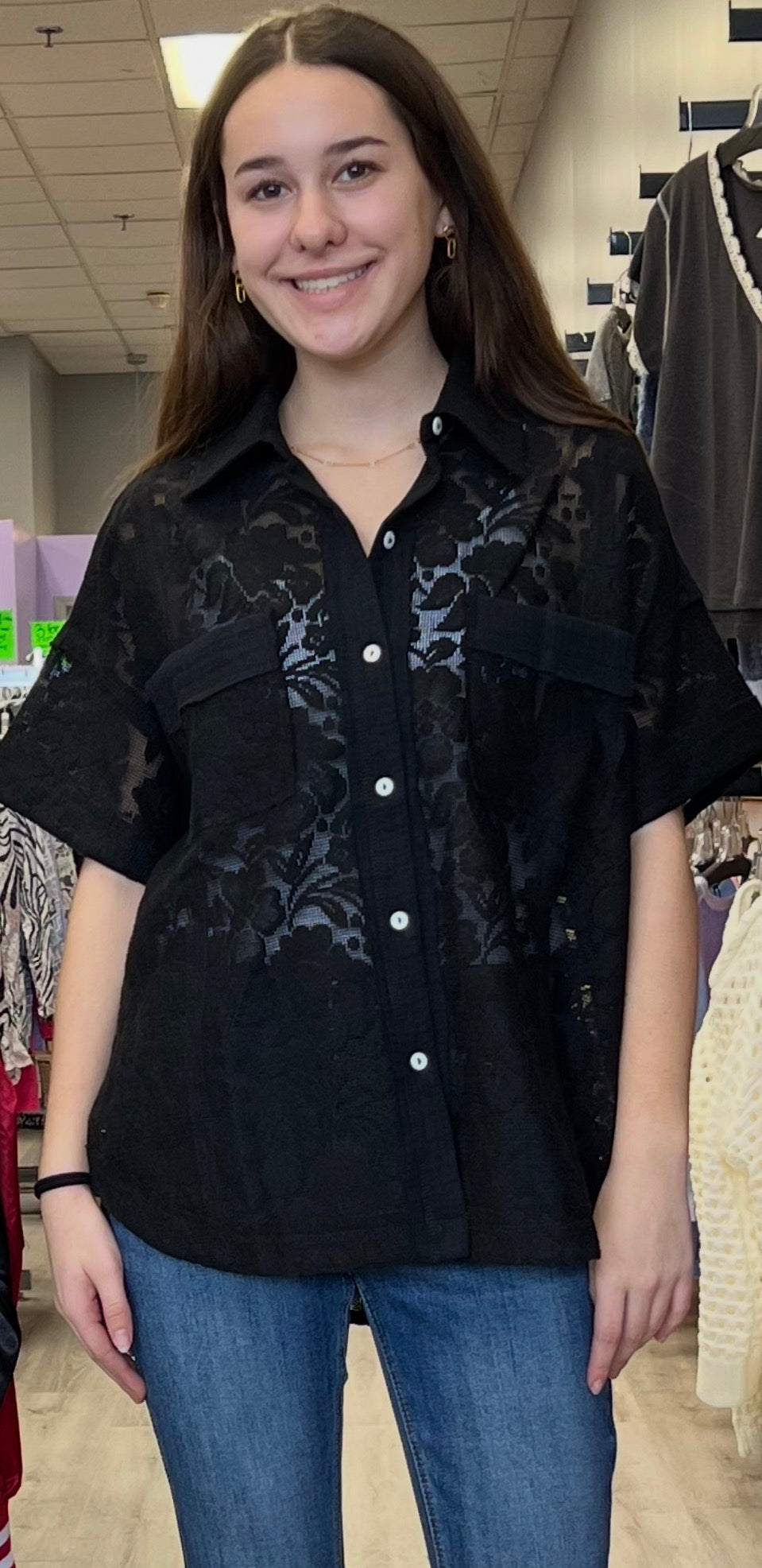 Black lace short sleeve loose fit blouse