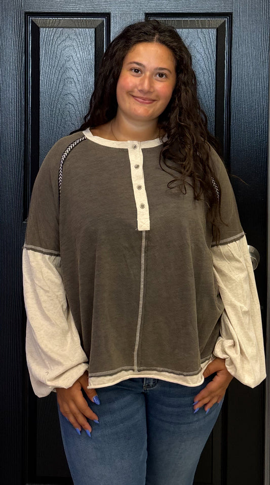 Faded olive colorblock henley top