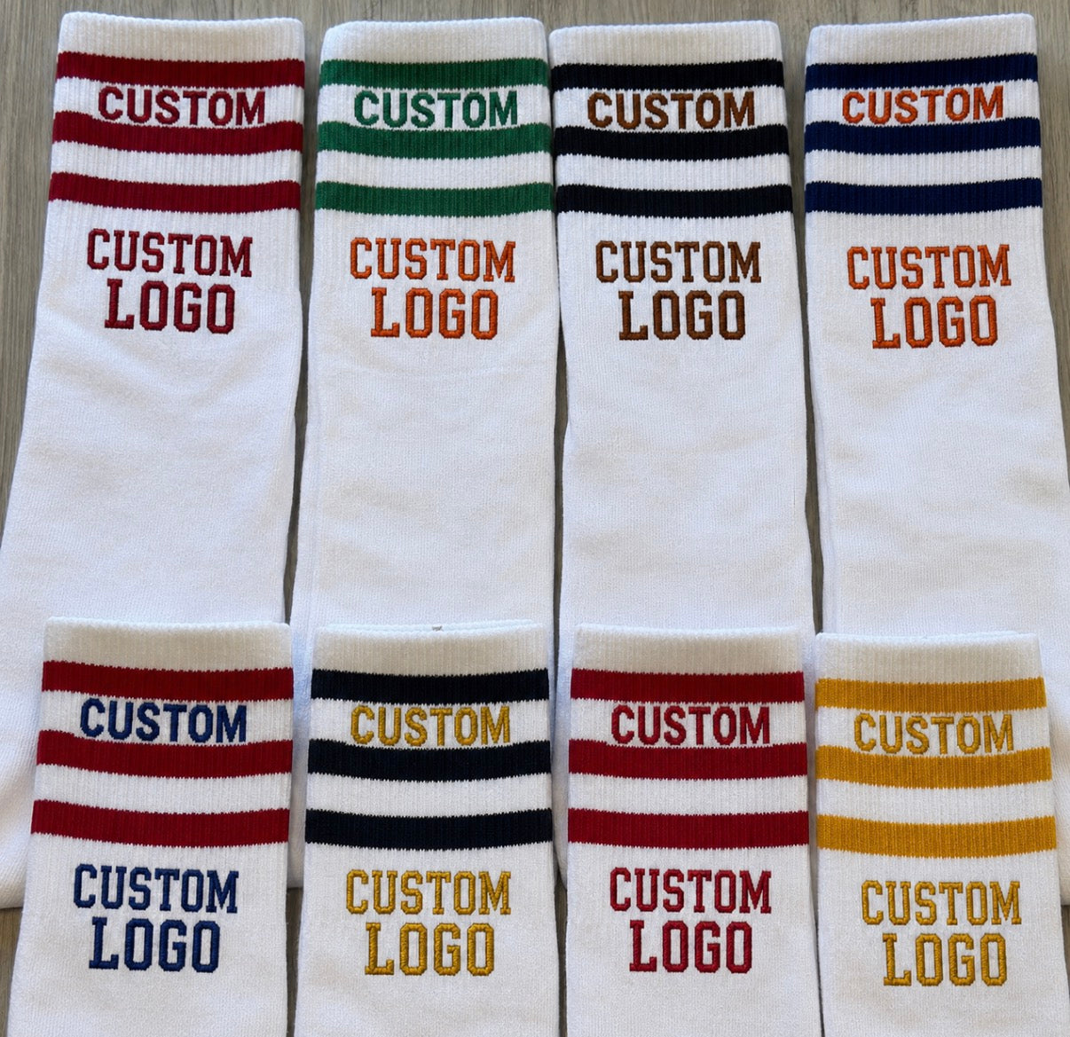 In stock & Custom order stripe and smile socks (can order for ANY camp, school, team and smiley can be swapped out for any other design) GREAT FOR GIFTS!