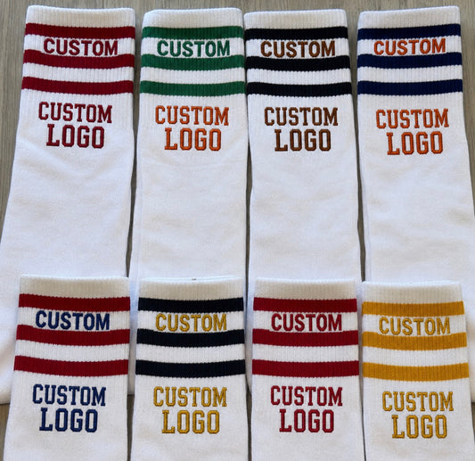 In stock & Custom order stripe and smile socks (can order for ANY camp, school, team and smiley can be swapped out for any other design) GREAT FOR GIFTS!