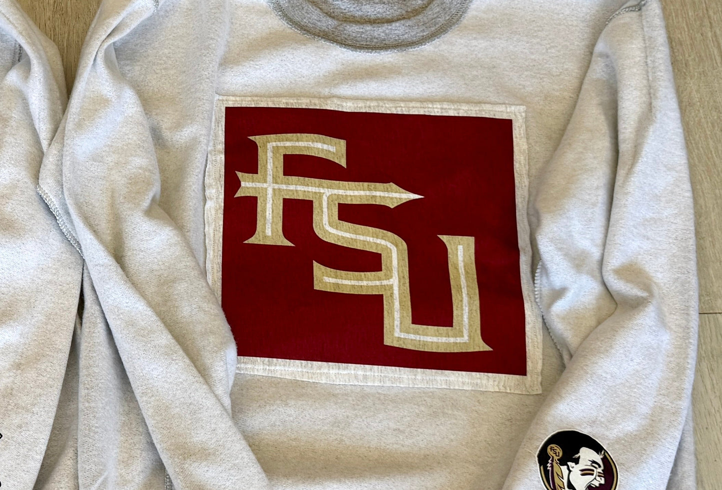 Custom & IN STOCK reverse fleece crew neck sweatshirt with patch front and optional sleeve print on sleeves (ALL SCHOOLS are available to order)see pics for options
