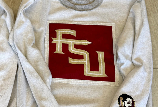Custom & IN STOCK reverse fleece crew neck sweatshirt with patch front and optional sleeve print on sleeves (ALL SCHOOLS are available to order)see pics for options