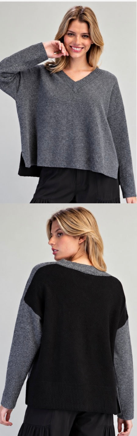 Grey soft knit v neck sweater with black back