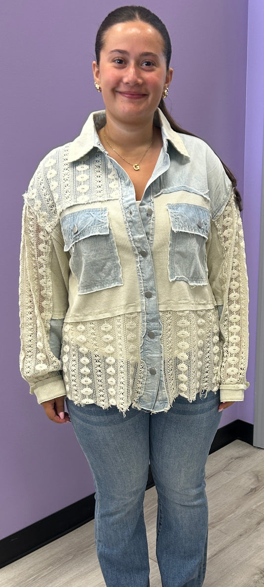 BEST SELLER! Ivory/denim shacket with lace and crochet inserts, available up to XXL