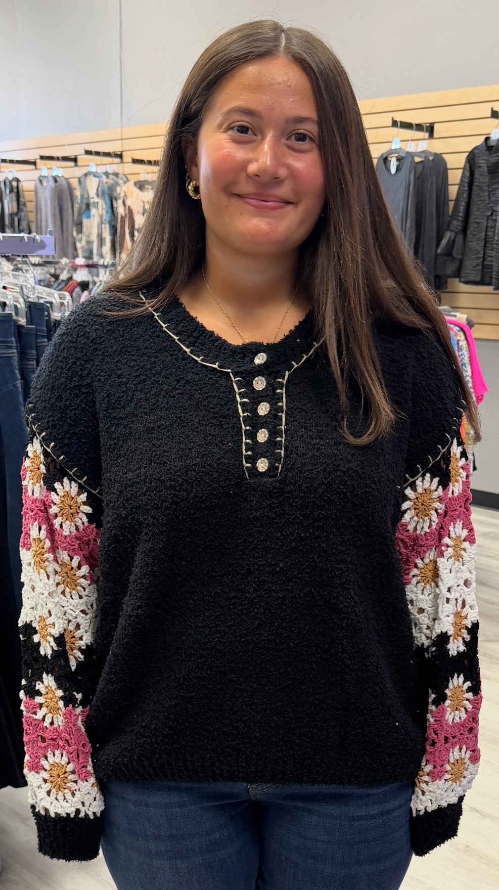 Black soft plush henley with crochet sleeves