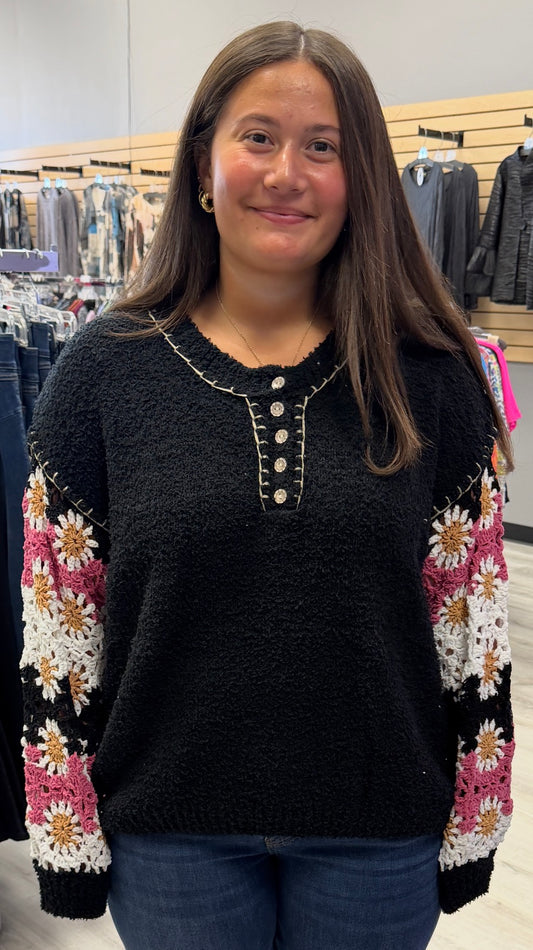 Black soft plush henley with crochet sleeves