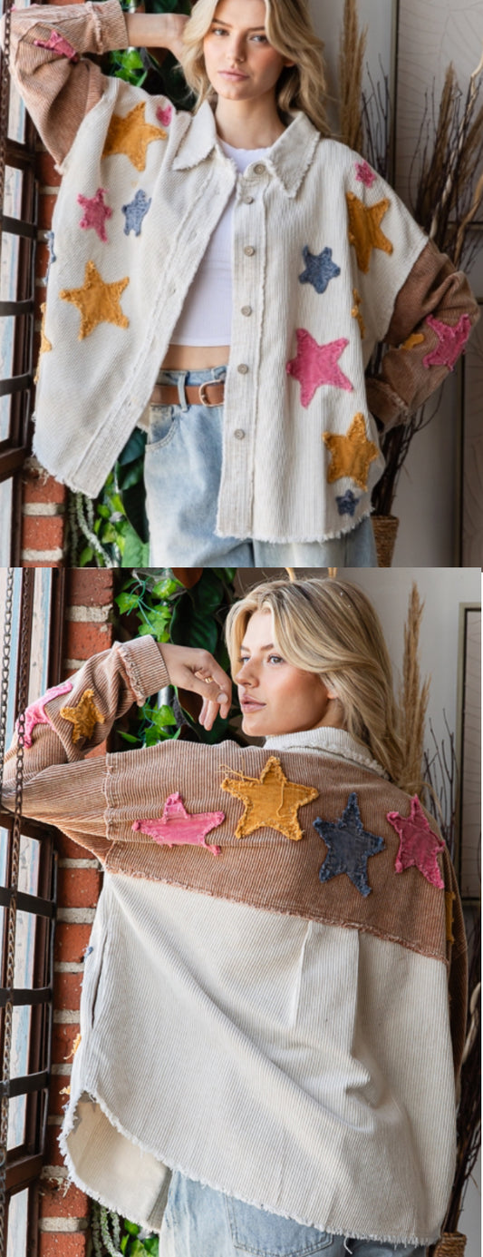 Colorblock button down soft cord jacket with multi star patches all over, available up to XXL