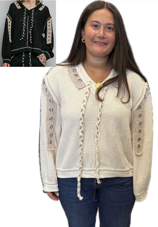 Loose fit waffle hoodies with grommet detail