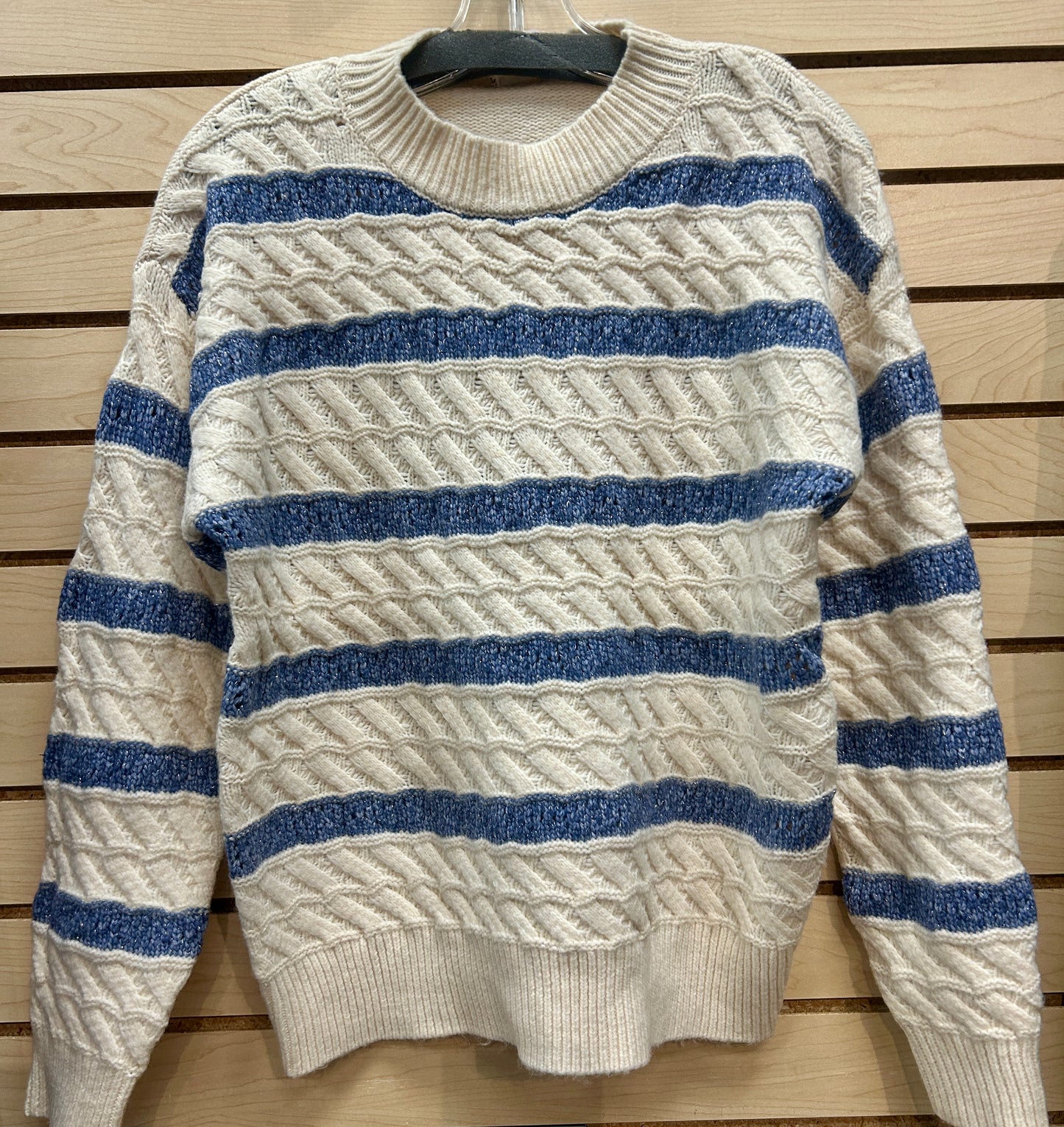 Cream/blue lurex striped sweater (shown with our shorter length flare jeans)
