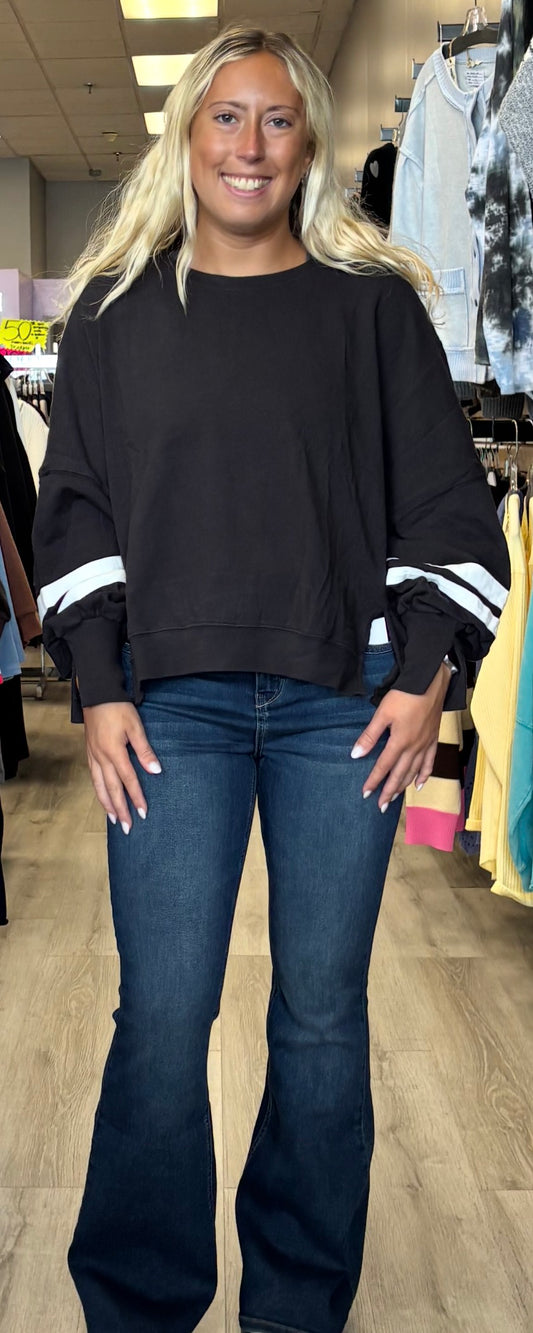 Dear John Trenton oversized black top with white sleeve stripes, available up to XXL
