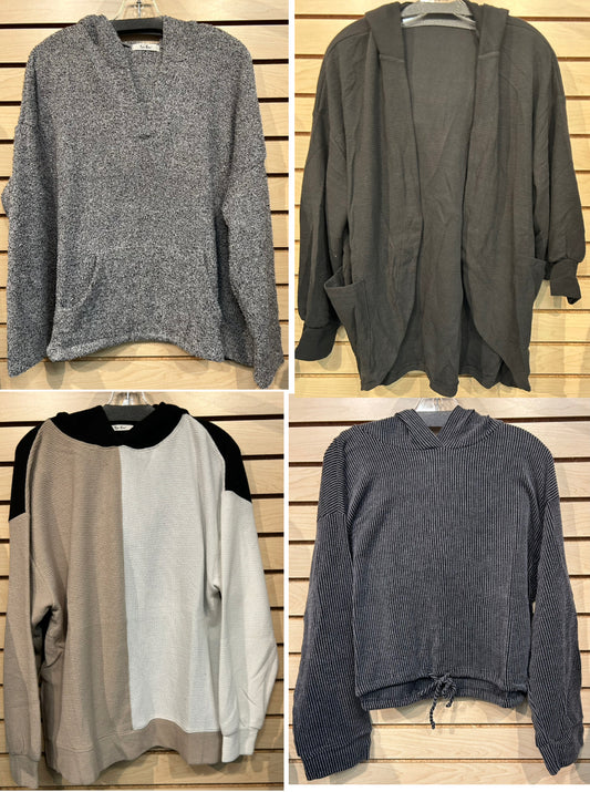 Assorted hoodies and open cardigan