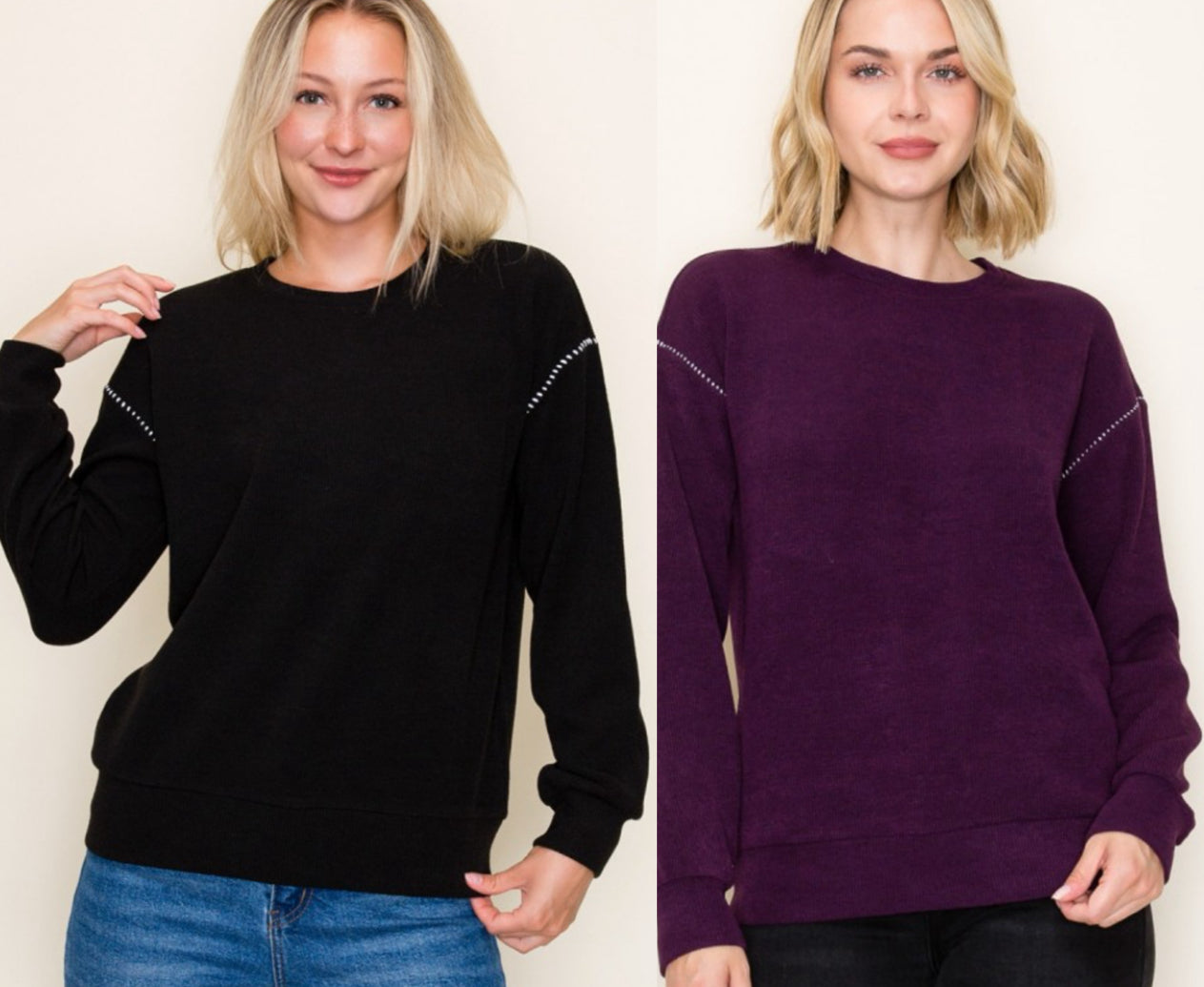 Black or Plum textured sweater knit top with sleeve stitching