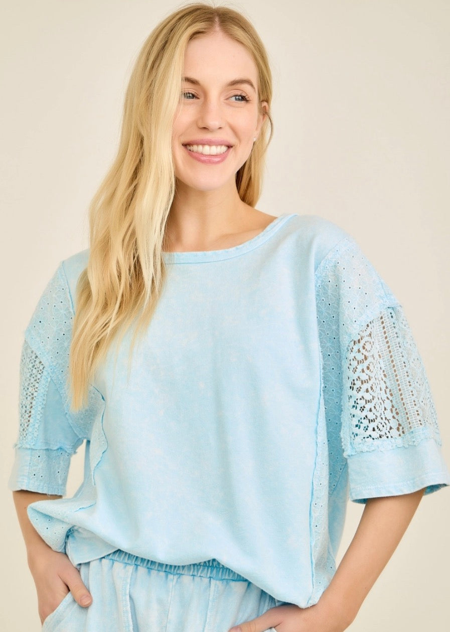 Baby blue crochet inserts top