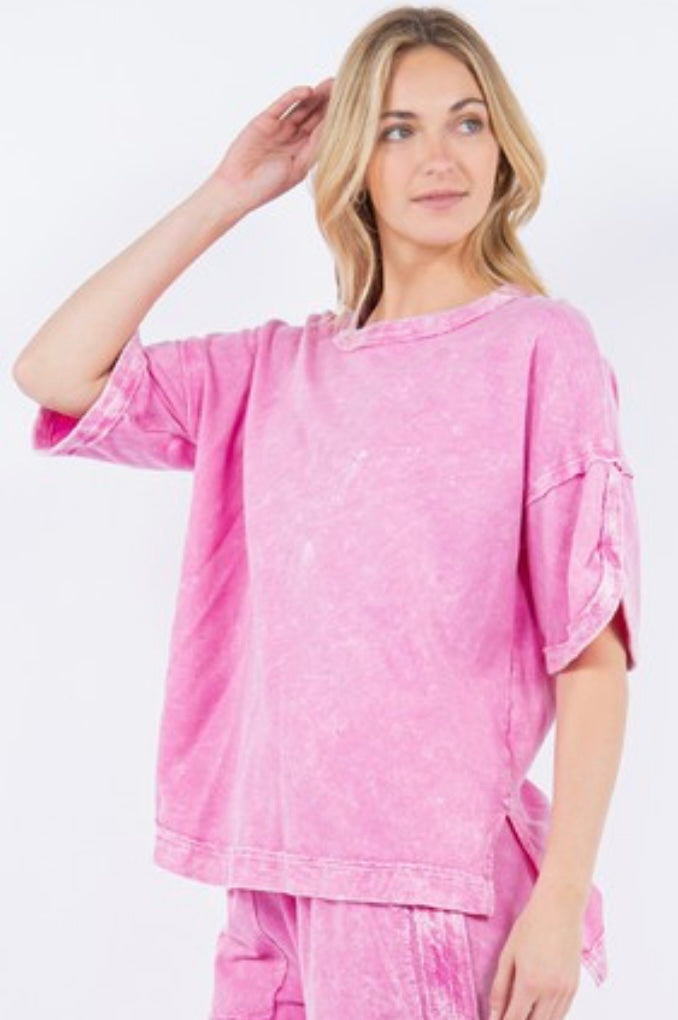 Pink mineral wash tulip sleeve relaxed fit top