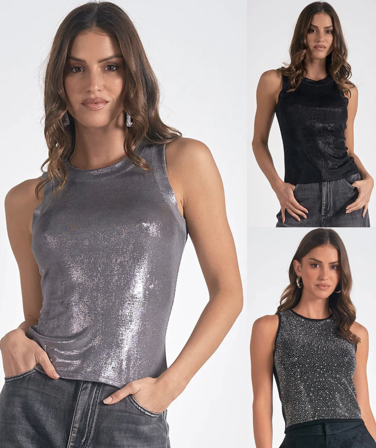 Metallic and crystal tanks, great for layering or to wear alone!