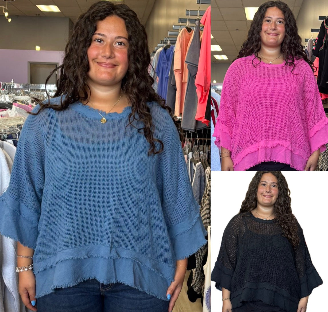 netting relaxed fit top with linen flounce bottom and sleeves & comes with tank top