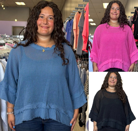 netting relaxed fit top with linen flounce bottom and sleeves & comes with tank top