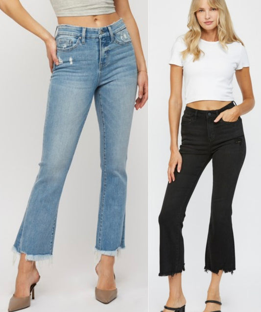 Stretch crop flare jeans with fray bottom in medium wash and black (mid/high rise)