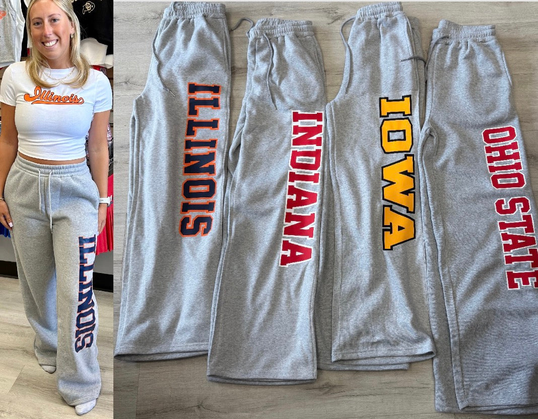 IN STOCK & custom order: wide leg sweatpants (ALL schools available to order)