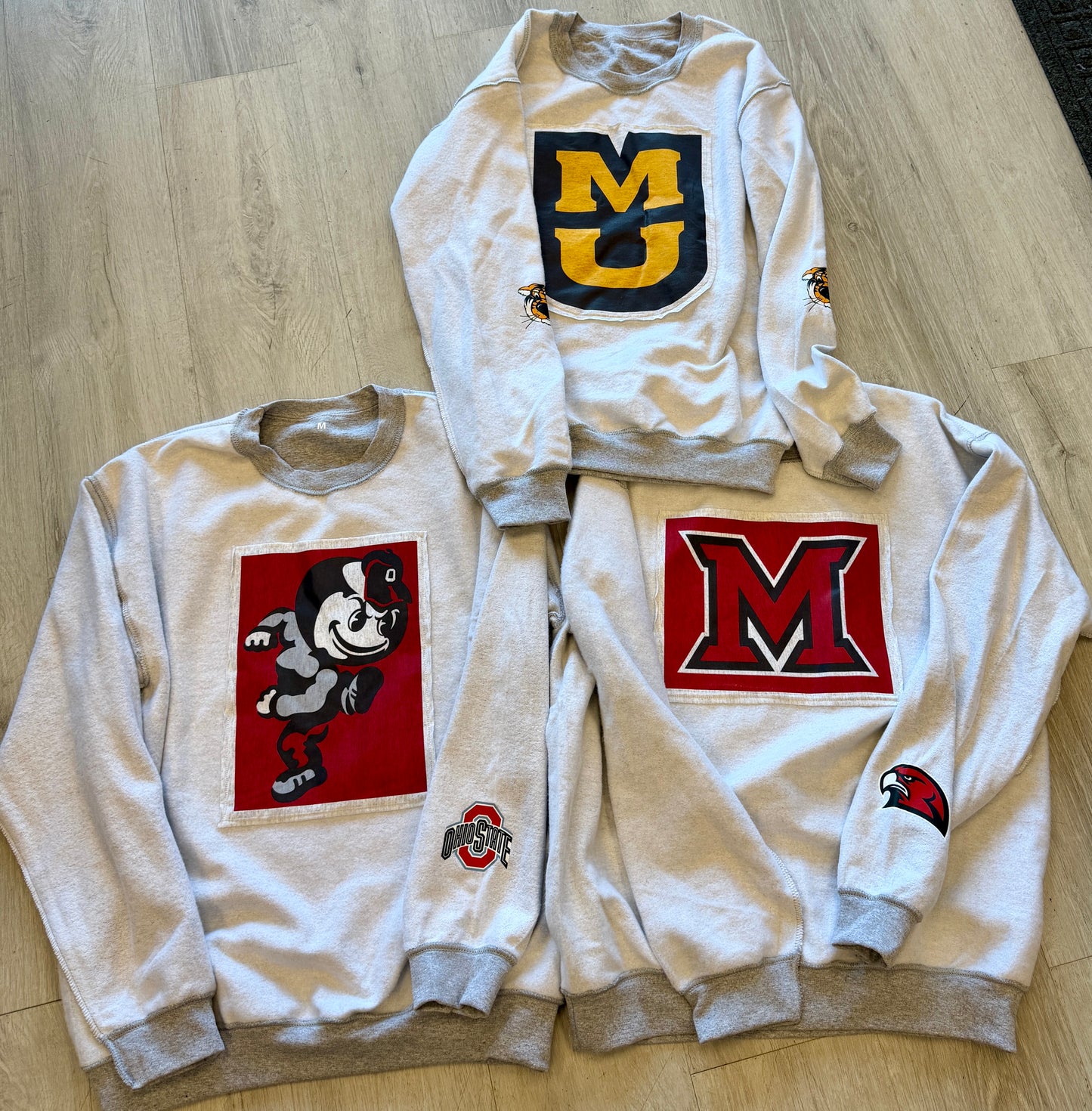 Custom & IN STOCK reverse fleece crew neck sweatshirt with patch front and optional sleeve print on sleeves (ALL SCHOOLS are available to order)see pics for options