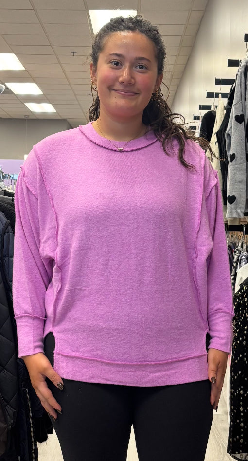 Bight mauve super soft hacci oversized hi lo top, available up to XXL