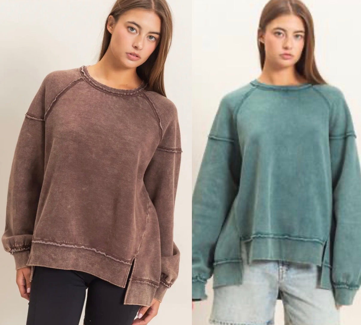 Brown and teal uneven hem sweatshirts (brown is in stock, teal is arriving on Wednesday)
