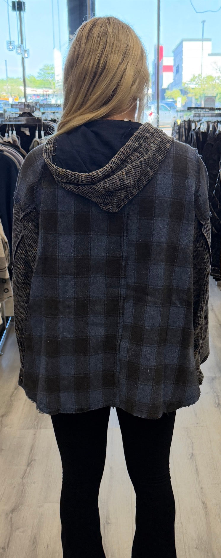 Blue plaid loose fit hi/lo quarter zip hoodie with thermal sleeves