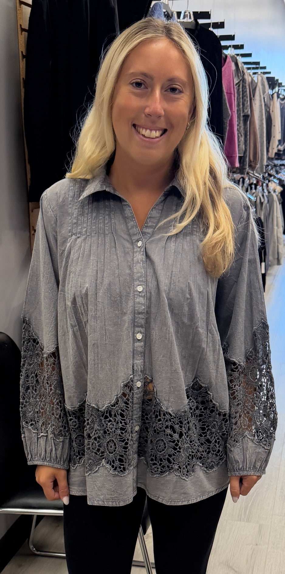 Grey blouse with lace inserts