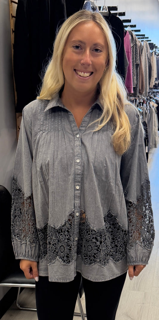 Grey blouse with lace inserts