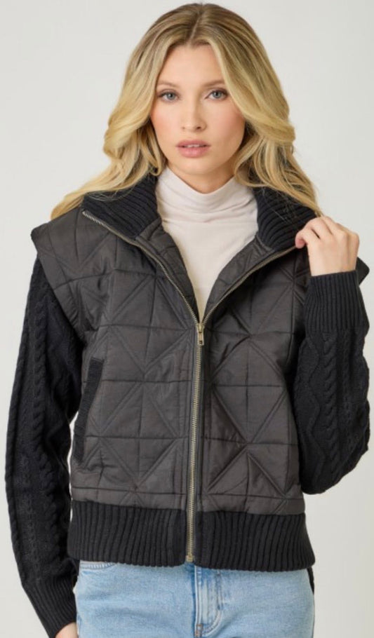 Black 2fer puffer vest with sweater knit sleeves attached