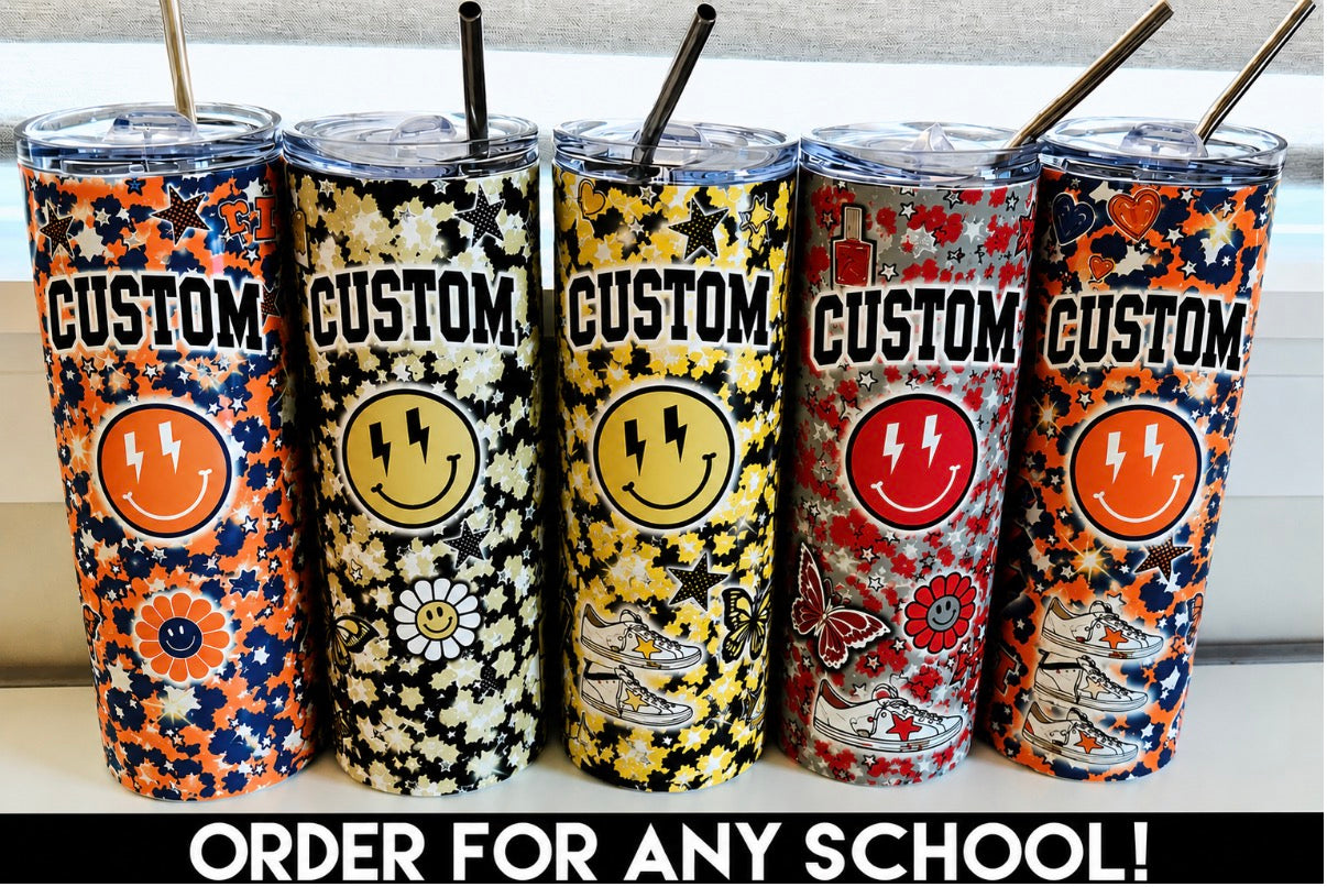 Custom skinny 20oz. tumbler with straw (available to order for ALL SCHOOLS & can also add personalized name) GREAT FOR GRADUATION GIFTS!