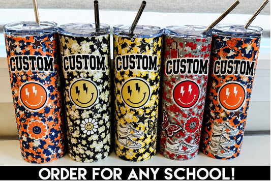 Custom skinny 20oz. tumbler with straw (available to order for ALL SCHOOLS & can also add personalized name) GREAT FOR GRADUATION GIFTS!