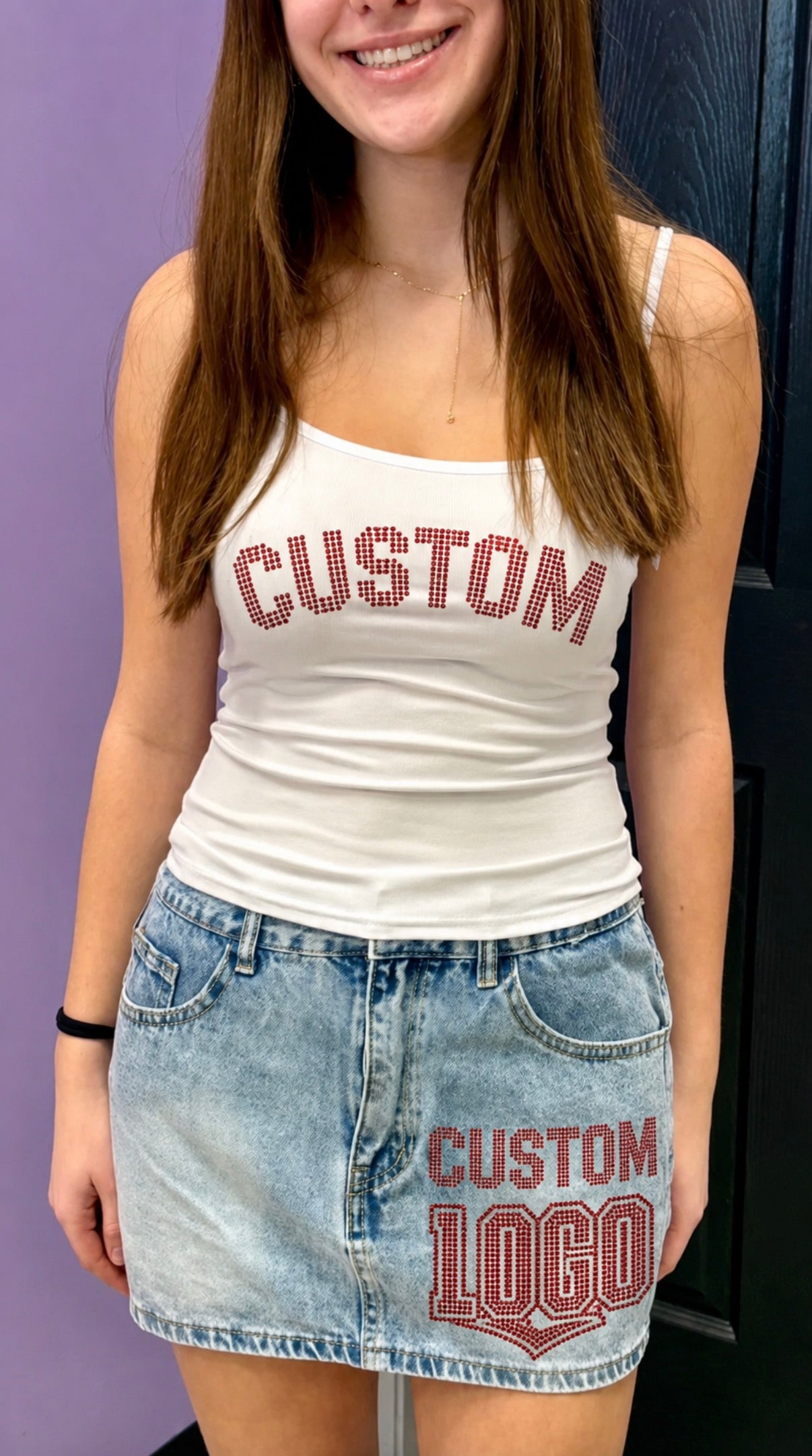 Custom low waist denim skirts with bling! Looks great paired with our bling tank tops! (ALL schools are available to order)