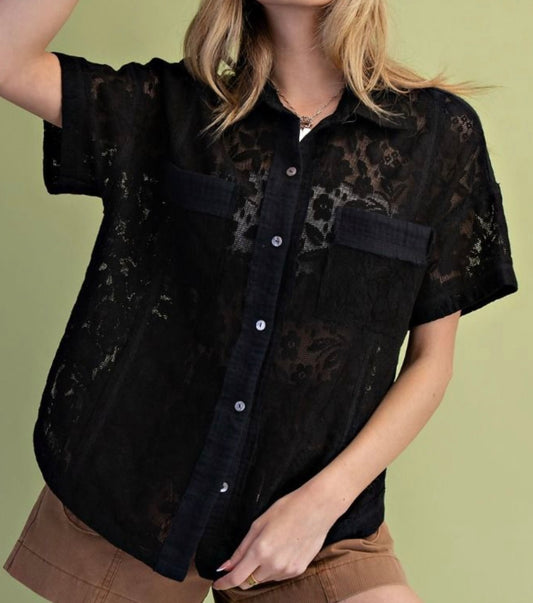 Black lace short sleeve loose fit blouse