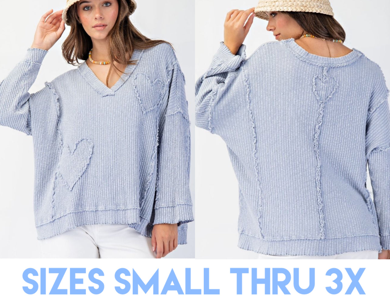 Light blue soft rib knit boxy top with tonal hearts (also available in plus size)