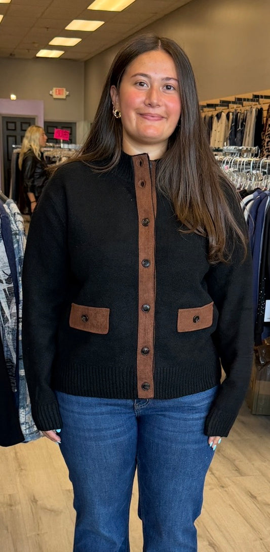 Black soft knit cardigan with brown suede trim