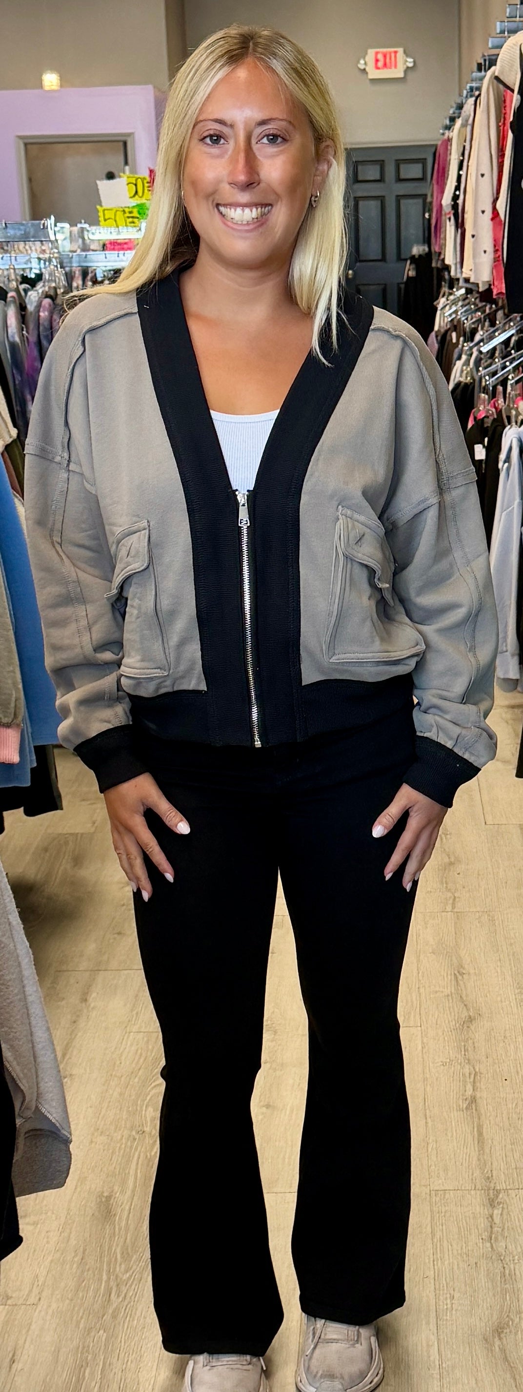 Elan stone/black zip front jacket (paired with our best selling, perfect length jeans)