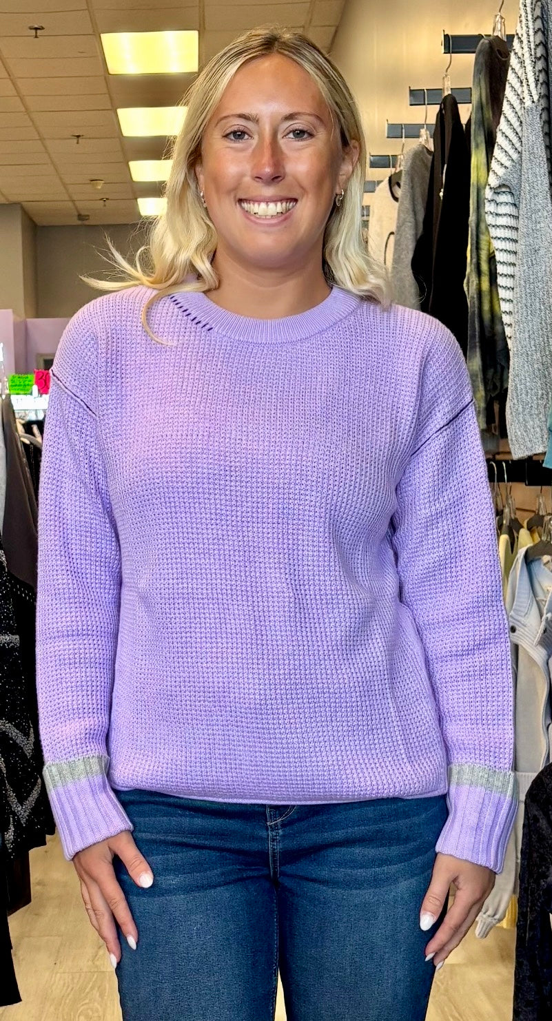 Lilac waffle knit top with contrast stitching
