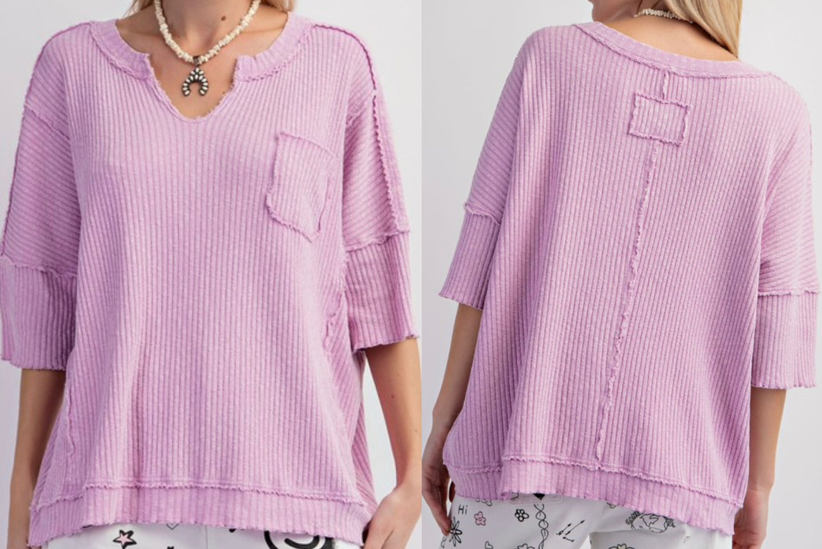 Pink soft rib elbow sleeve top with notch neck and pocket