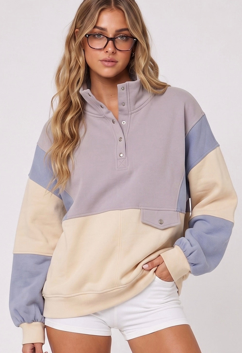 PREORDER NOW, Arriving Tuesday…Colorblock sweatshirt with snaps