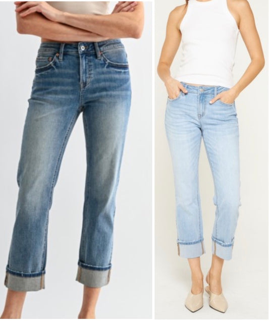 Mica cuffed stretch jeans, mid wash relaxed fit & lighter wash straight leg