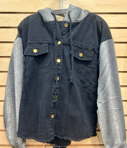 Black denim jacket with grey sleeves