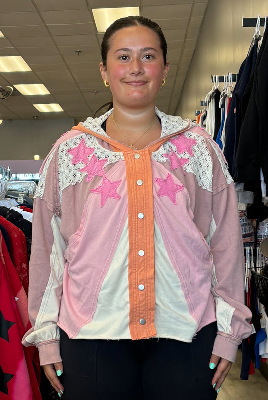 Loose fit snap front jacket pink mix with lace and star appliques (available up to XXL/2X)